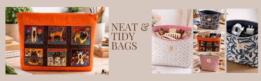 Collage of handmade organiser pouches in floral, geometric and cat-print fabrics, with the text “Neat & Tidy Bags” in the centre.