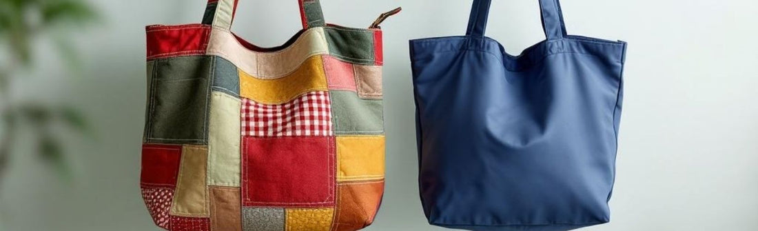 Side-by-side comparison of two tote bags. On the left, a colourful patchwork-style handmade tote with a zip closure and visible texture. On the right, a plain blue nylon tote bag with a smooth, lightweight finish.
