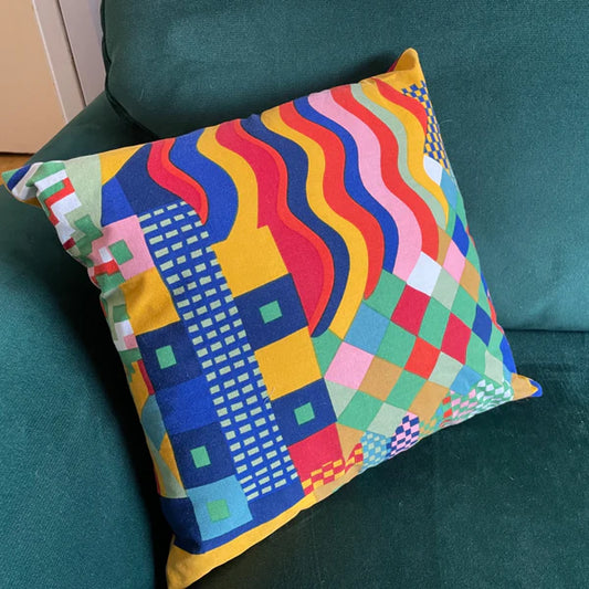 Brightly coloured Liberty of London "Bauhaus" design cushion