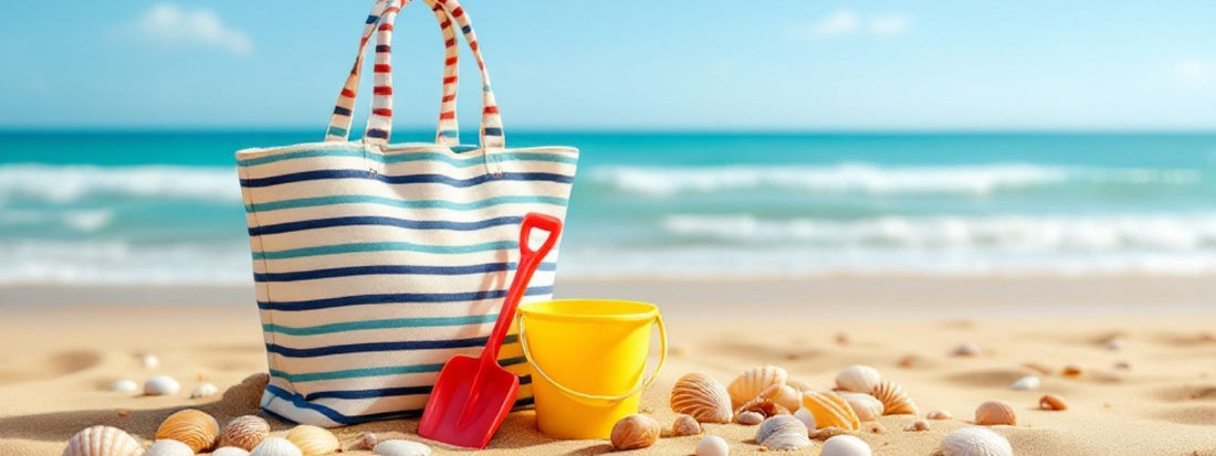 Striped beach tote bag on sandy shore beside a yellow bucket, red spade, and scattered seashells, with the sea and clear blue sky in the background.