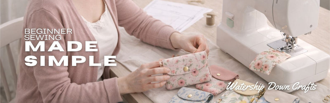 Woman sewing at a machine in a light workspace with handmade fabric wallets and pouches on the table, styled as a beginner sewing scene with text overlay “Beginner Sewing Made Simple”.