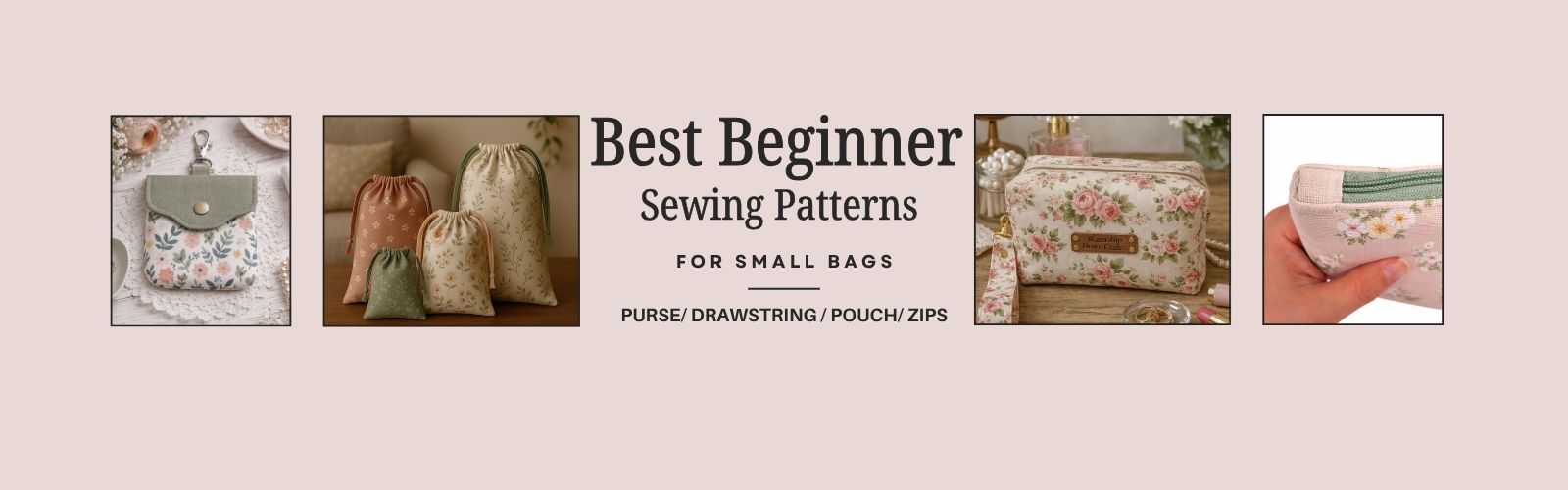 Pinterest banner featuring four handmade small bag designs around the text “Best Beginner Sewing Patterns for Small Bags,” including a purse, drawstring bags, a floral zip pouch and a zipped coin pouch.