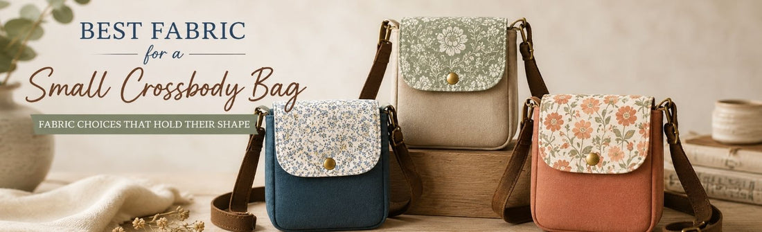 Handmade crossbody bags with fabric-choice text overlay for a small bag sewing guide