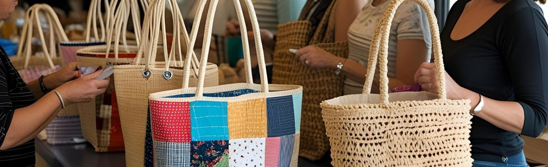 Women shopping for handmade tote bags, including woven and patchwork styles, at a craft or artisan market.