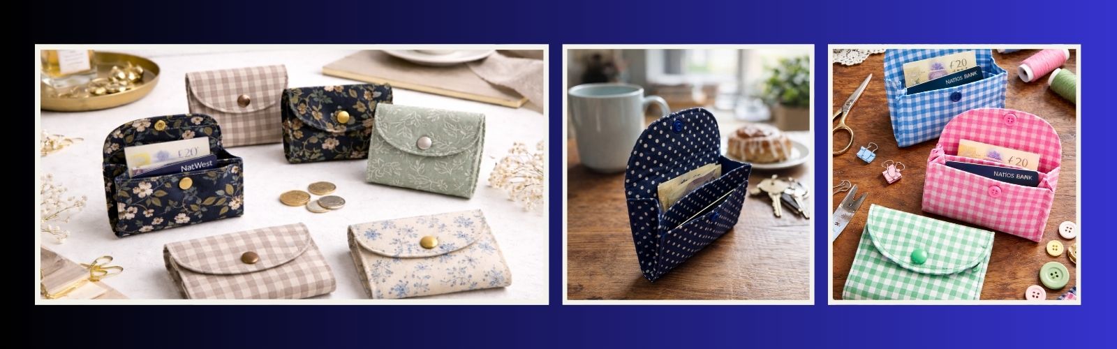Fabric card wallets in a variety of cotton prints, shown closed and open to display card pockets and cash, arranged across three styled images featuring floral, gingham, and polka dot designs in lifestyle and sewing-themed settings.