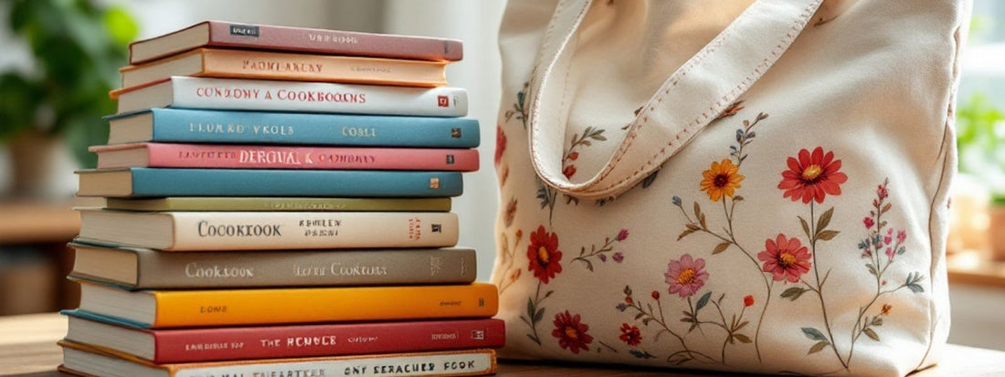 Stack of colourful books next to a cream tote bag decorated with floral embroidery, displayed on a wooden table.