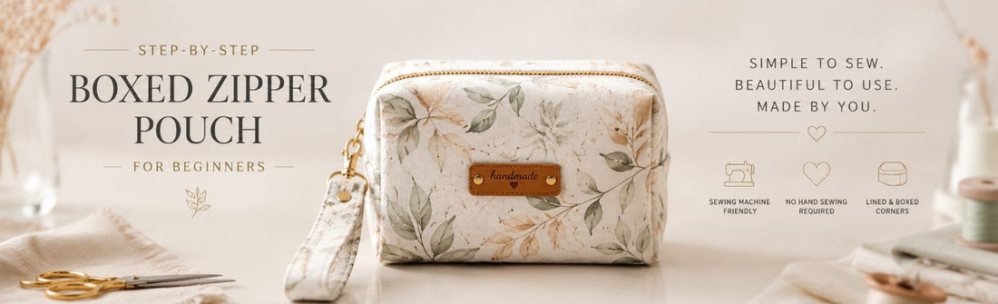 Elegant boxed zipper pouch blog header image for beginner sewists.