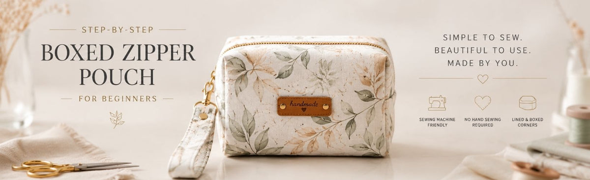 Elegant boxed zipper pouch blog header image for beginner sewists.