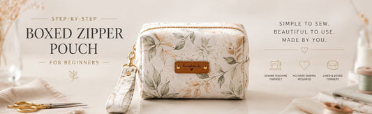 Elegant boxed zipper pouch blog header image for beginner sewists.