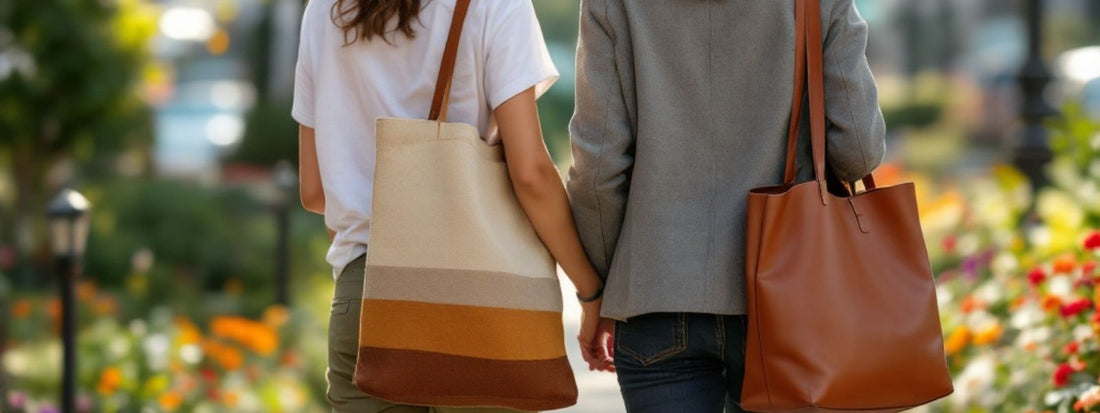 Two people walking outdoors, one carrying a canvas tote bag and the other a leather tote bag, illustrating a real-life comparison of both styles.