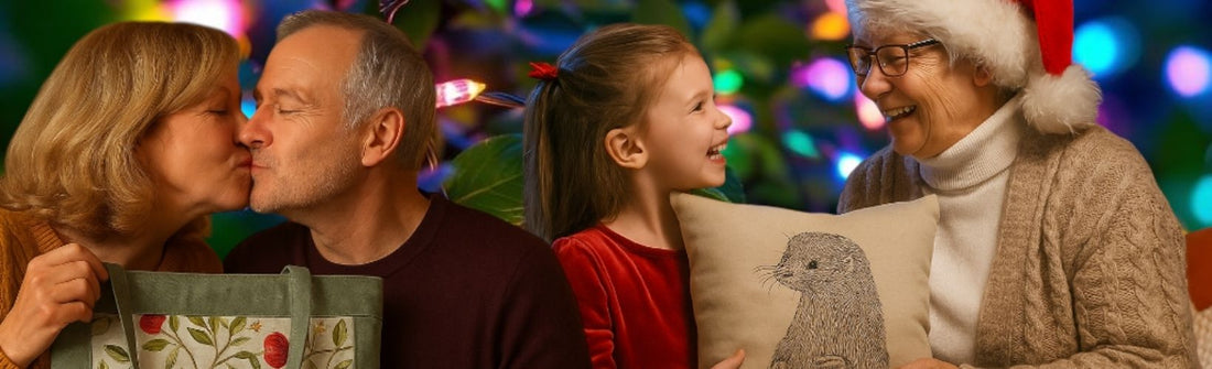 Festive moment featuring a couple exchanging a handmade tote bag, a child with a cushion, and a grandmother in a Santa hat, highlighting personal Christmas gifts from Watership Down Crafts