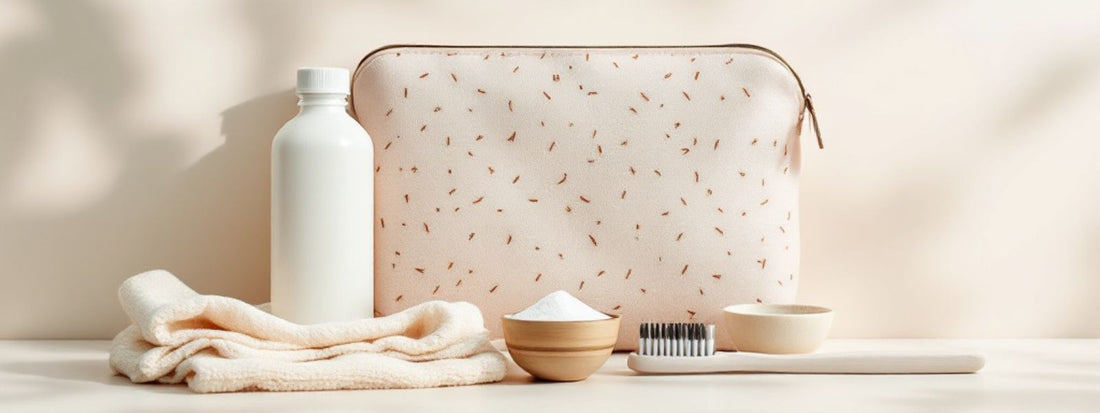 Minimalist flat lay of a soft fabric make-up bag with subtle print, placed alongside a white bottle, cloth, powder, and bamboo toothbrush—styled for light travel or eco-friendly packing.