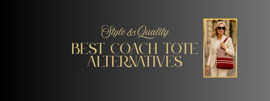 Banner reading 'Style & Quality Best Coach Tote Alternatives' with a photo of a stylish woman in a white suit carrying a red and cream striped tote bag