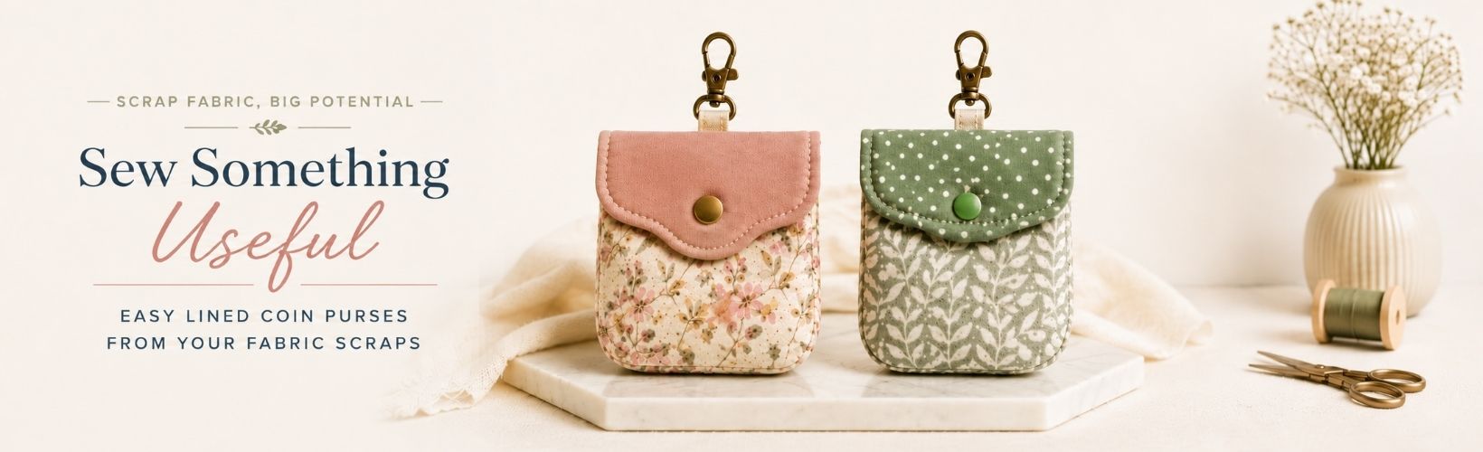 Two fabric coin purses displayed on a soft sewing-themed banner with the text “Sew Something Useful” and “easy lined coin purses from your fabric scraps.”