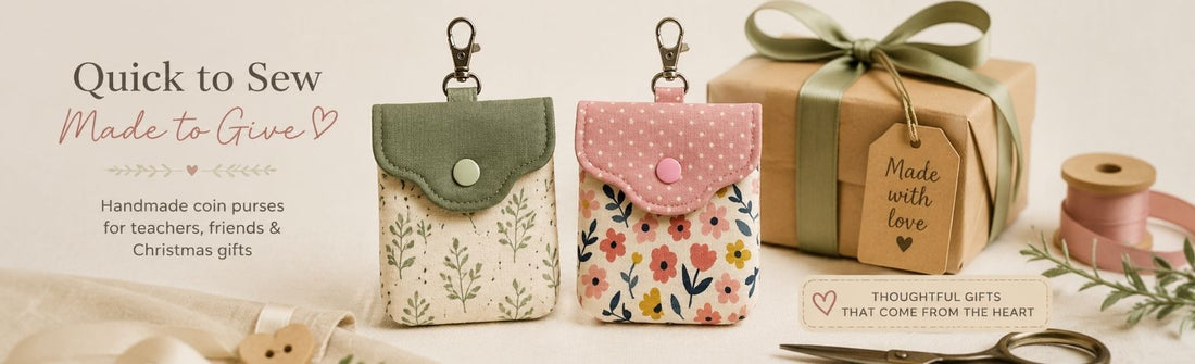 Banner featuring two handmade floral coin purses beside a wrapped gift box, ribbon, sewing tools, and gift tag with text promoting quick handmade coin purses for teachers, friends, and Christmas gifts.