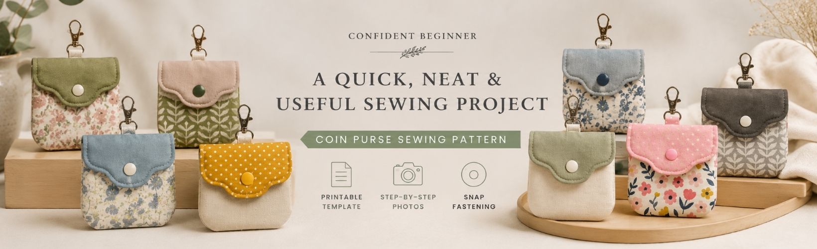 Collection of handmade coin purses in floral and botanical fabrics with curved and scalloped flap closures, styled around text promoting a beginner-friendly coin purse sewing pattern with printable templates, step-by-step photos, and snap fastening.