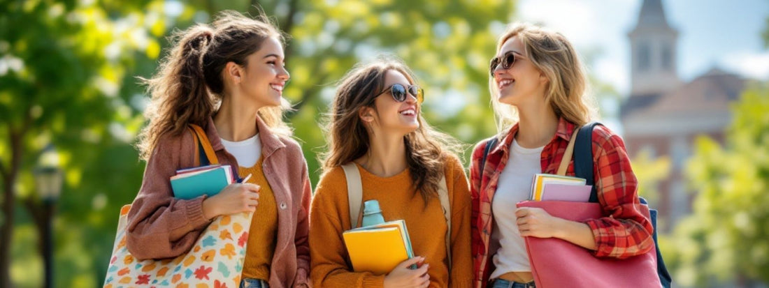 Three smiling college students walking together on campus, each carrying colourful tote bags and holding books.