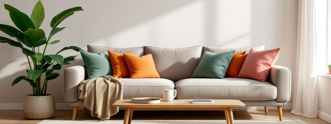 Neutral sofa with colourful indoor cushions in orange, green, and pink shades, styled in a bright living room with natural light and a houseplant.