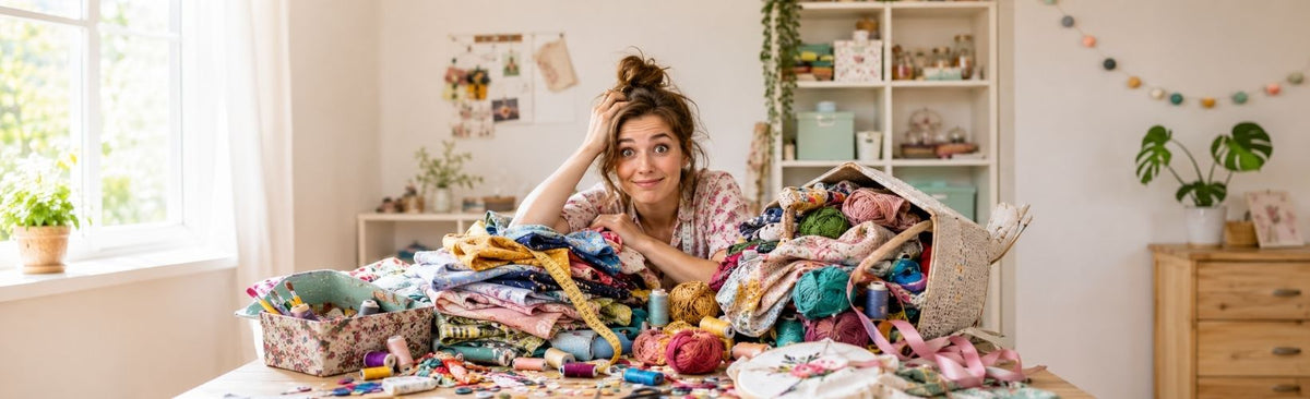 Woman looking mildly overwhelmed in a bright craft room, surrounded by fabric piles, yarn, sewing supplies and half-finished projects.
