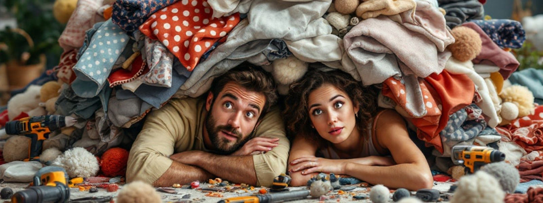 Man and woman lying under a huge pile of colourful fabric, pom-poms, and craft supplies, looking wide-eyed and amused at the creative chaos around them.