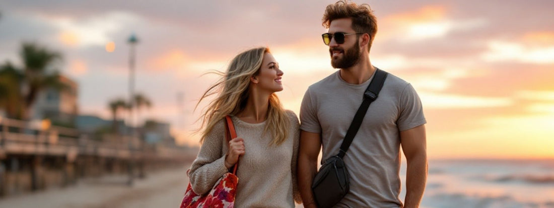 A smiling couple walking along the beach at sunset; the woman is carrying a colourful tote bag and the man is wearing a black crossbody bag.