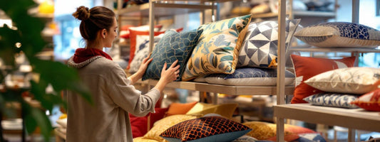Woman browsing colourful sofa cushions on display shelves in a UK home interiors store, with warm lighting and neatly arranged soft furnishings.