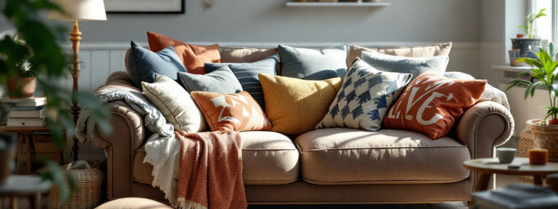 Cosy UK living room with an overstuffed sofa covered in mismatched scatter cushions in various colours and patterns — capturing the modern-day obsession with cushions in everyday homes
