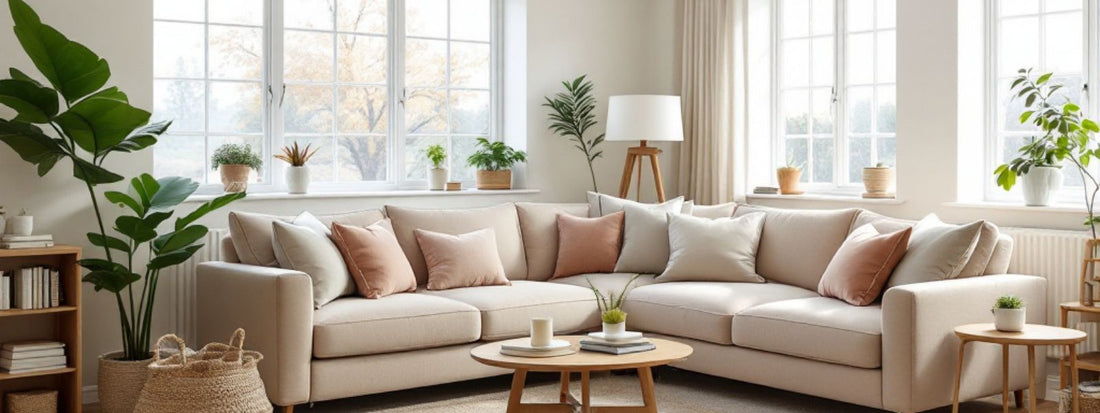 Bright UK living room with a large beige corner sofa, styled with soft pastel scatter cushions and surrounded by houseplants – cosy, minimalist interior with natural light.