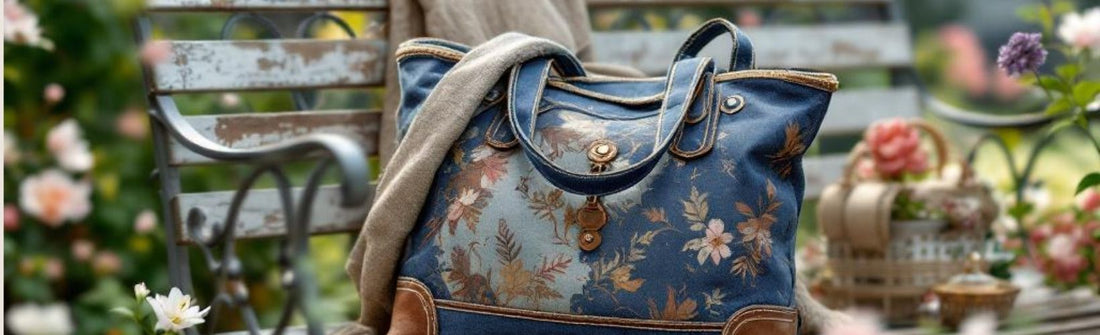 A floral denim tote bag rests on a vintage metal bench in a garden surrounded by blooming flowers.
