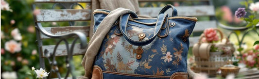 A floral denim tote bag rests on a vintage metal bench in a garden surrounded by blooming flowers.