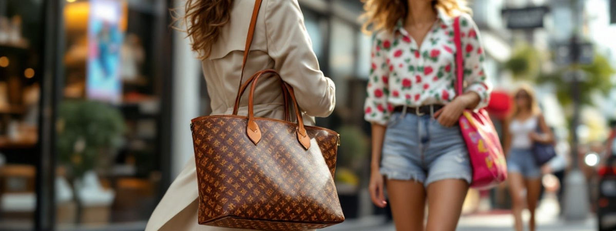 Women walking along a shopping street, one carrying a designer leather tote bag and the other a colourful fabric tote bag, highlighting the contrast between designer and regular totes.