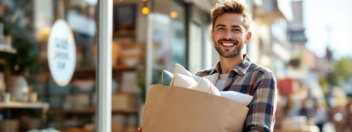 Smiling man holding a bag full of cushions outside a high street charity shop — daytime scene with shopfront and pavement visible in the background.