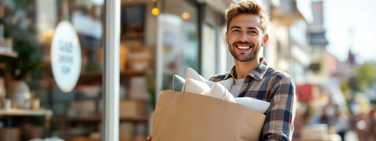 Smiling man holding a bag full of cushions outside a high street charity shop — daytime scene with shopfront and pavement visible in the background.