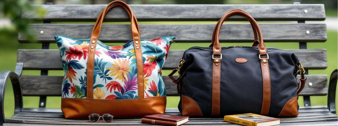 Colourful floral tote bag and classic black duffle bag with brown leather handles placed side by side on a wooden park bench, with sunglasses and books nearby.