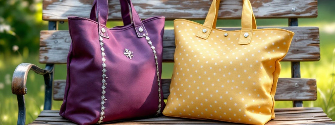 Two colourful tote bags, one purple with decorative trim and one yellow with white polka dots, displayed on a wooden bench outdoors.