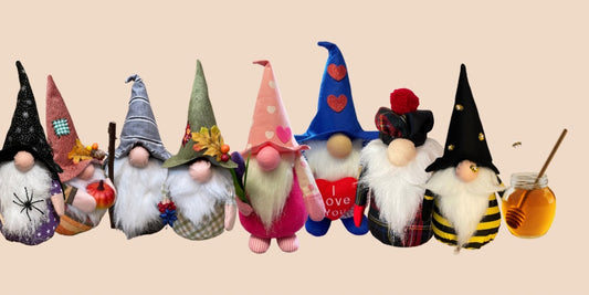 A row of handmade gnomes or gonks as different characters