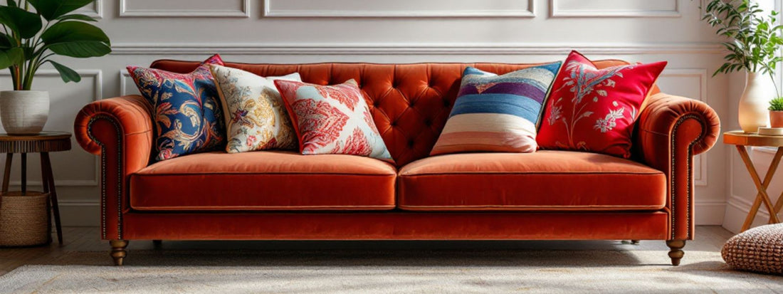 Deep orange velvet sofa with an assortment of colourful patterned cushions in a bright, stylish living room.