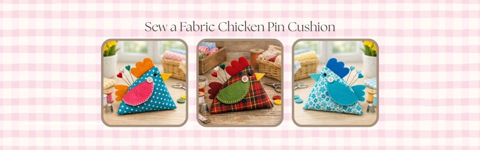 Blog header image with the text “Sew a Fabric Chicken Pin Cushion” above three handmade fabric chicken pin cushions in different patterns, set against a pink gingham background.