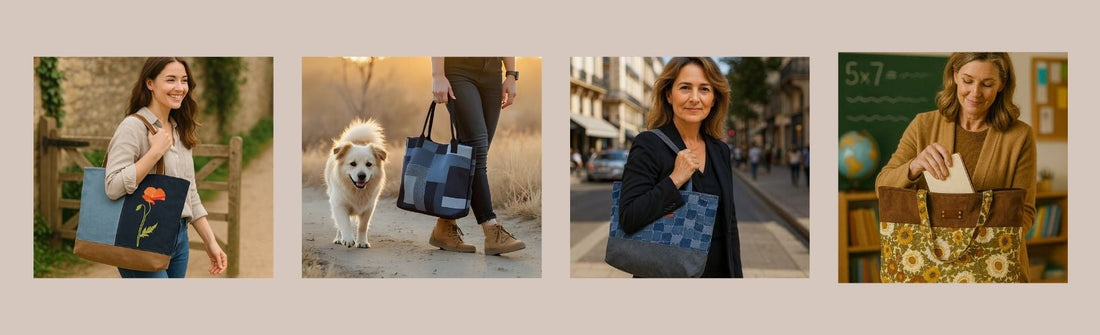 Four women using fabric tote bags for everyday activities including walking, commuting, dog walking, and carrying books, showing practical everyday use of well-made tote bags.