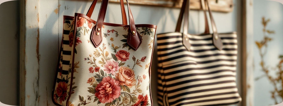 Two fabric tote bags hanging on hooks—one with a floral print, the other with black and white stripes.