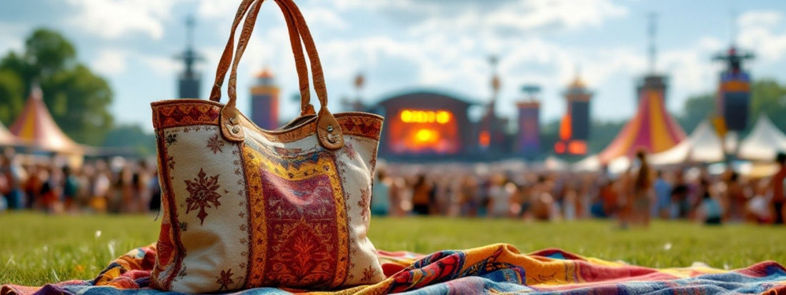 Festival tote bag resting on a blanket with the festival grounds in the background.