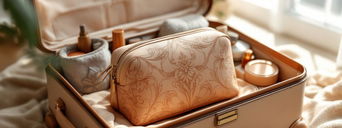 Elegant handmade make-up bag with floral pattern packed neatly in an open carry-on suitcase, surrounded by travel-sized toiletries and soft accessories, lit by natural daylight.