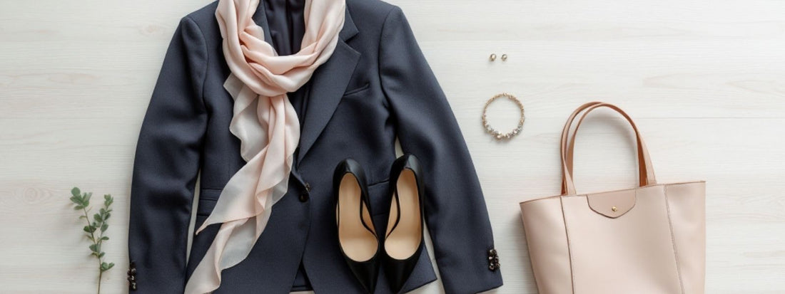 Flat lay of a formal outfit including a navy blazer, pale scarf, black heels, accessories, and a structured blush pink tote bag.
