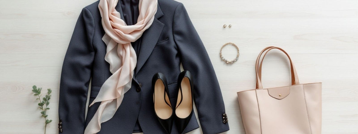 Flat lay of a formal outfit including a navy blazer, pale scarf, black heels, accessories, and a structured blush pink tote bag.