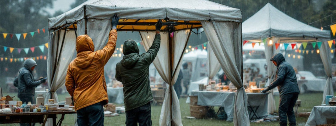 Stallholders setting up gazebos in the rain at a muddy outdoor craft fair, wearing raincoats and surrounded by bunting.