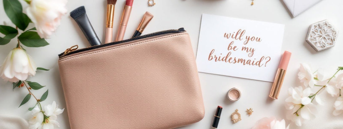 Flat lay of a blush pink make-up bag surrounded by flowers, brushes, lip gloss, and a card reading “Will you be my bridesmaid?” — styled as a romantic bridesmaid gift.