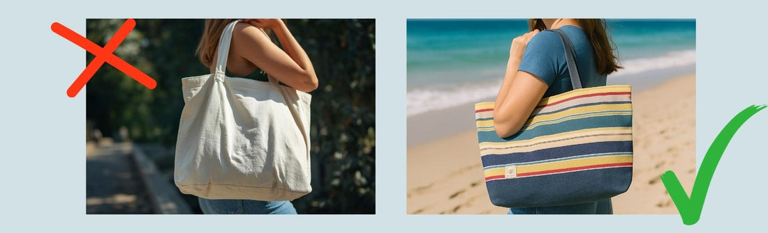 Comparison showing an unstructured canvas tote bag marked incorrect and a structured, lined tote bag marked correct for everyday use.