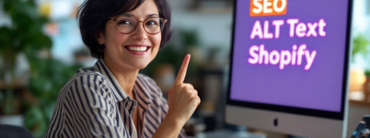 miling woman in glasses pointing at a computer screen that displays the words “SEO, ALT Text, Shopify” — representing website jargon from a beginner’s perspective.