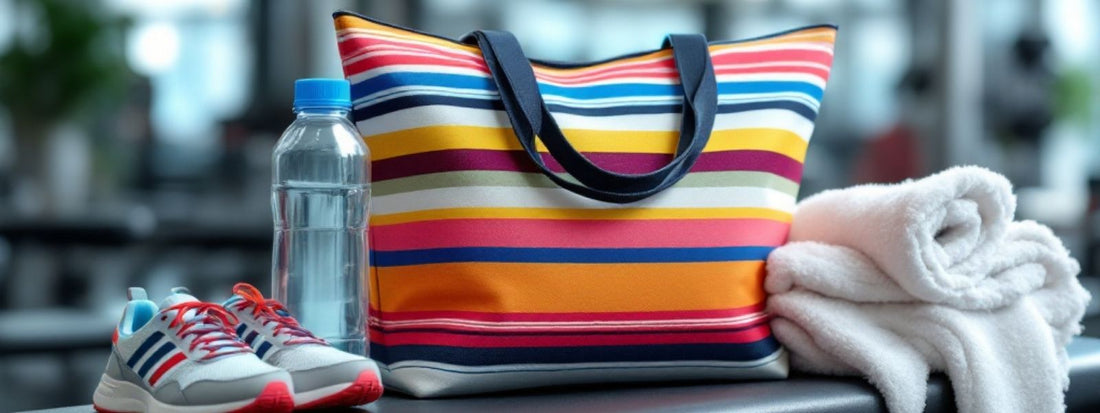 Striped tote bag on a gym bench with water bottle, towel, and trainers beside it.