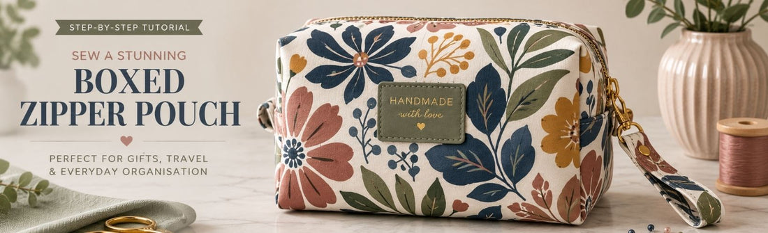 Wide banner image featuring a bold floral boxed zipper pouch with gold zip and wrist strap beside sewing accessories, with text promoting a step-by-step boxed zipper pouch sewing tutorial for gifts and travel organisation.
